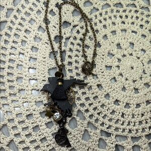 Black wooden raven, rhinestone & heart & key Pendant Necklace